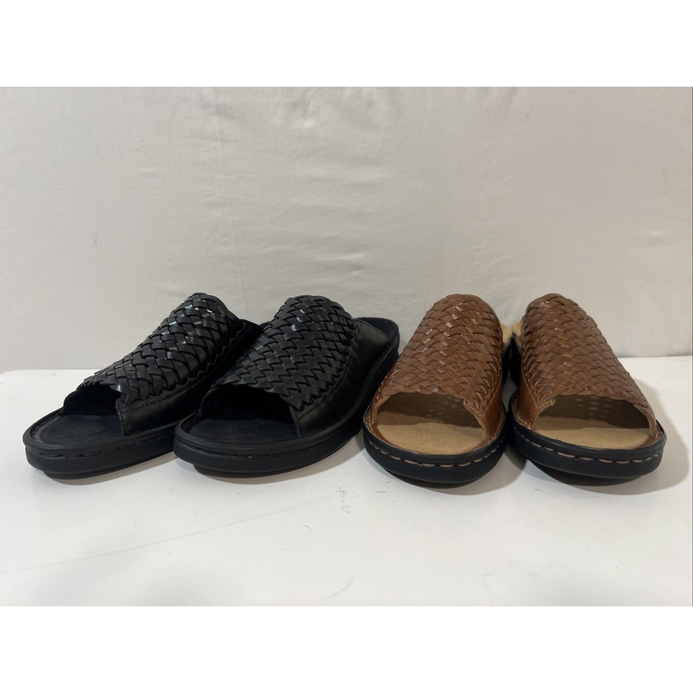 Clarks 7M  Open Toe Cushion Slides Black Weave Leather And Brown 2 Pairs